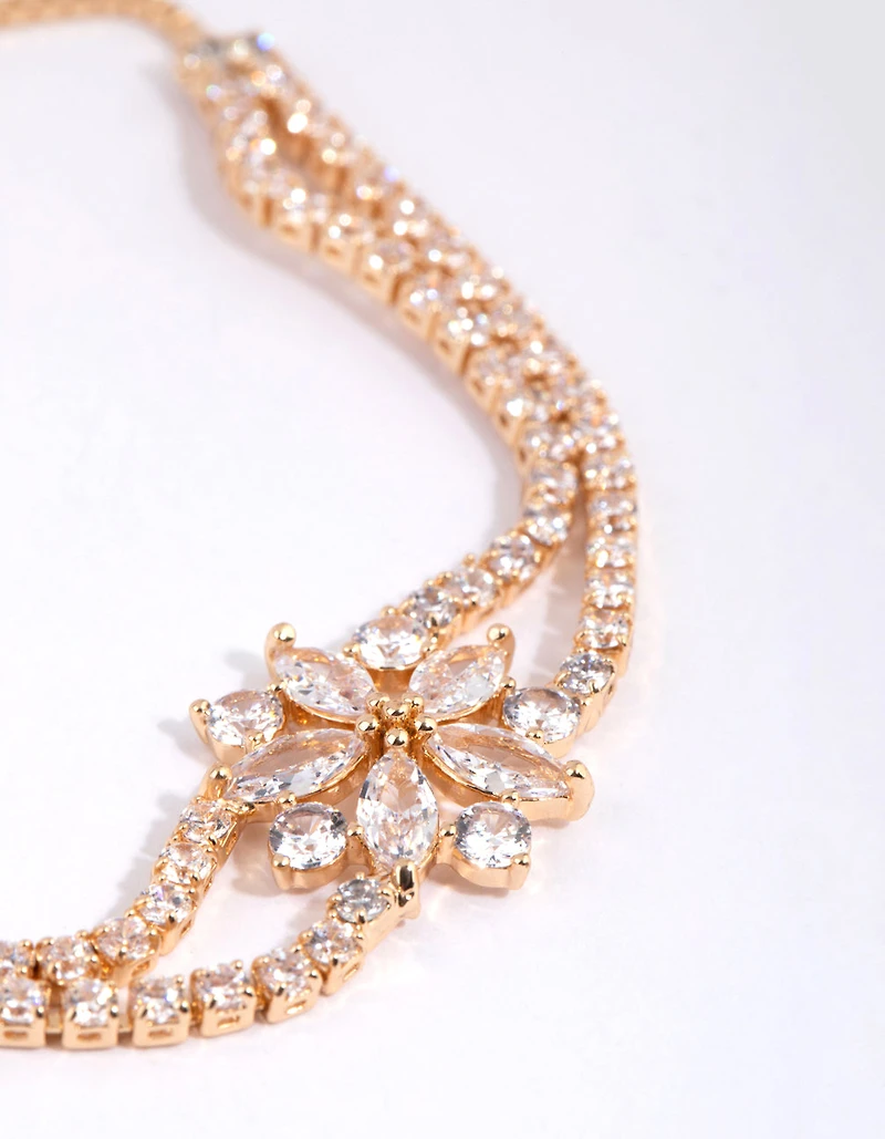Gold Cubic Zirconia Cup Chain Flower Toggle Bracelet