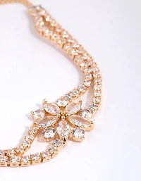 Gold Cubic Zirconia Cup Chain Flower Toggle Bracelet