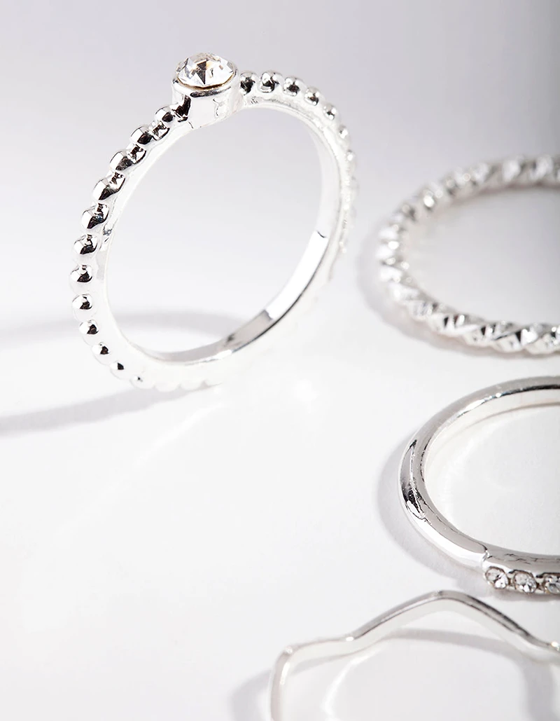 Silver Diamante Mixed Band Ring 6-Pack