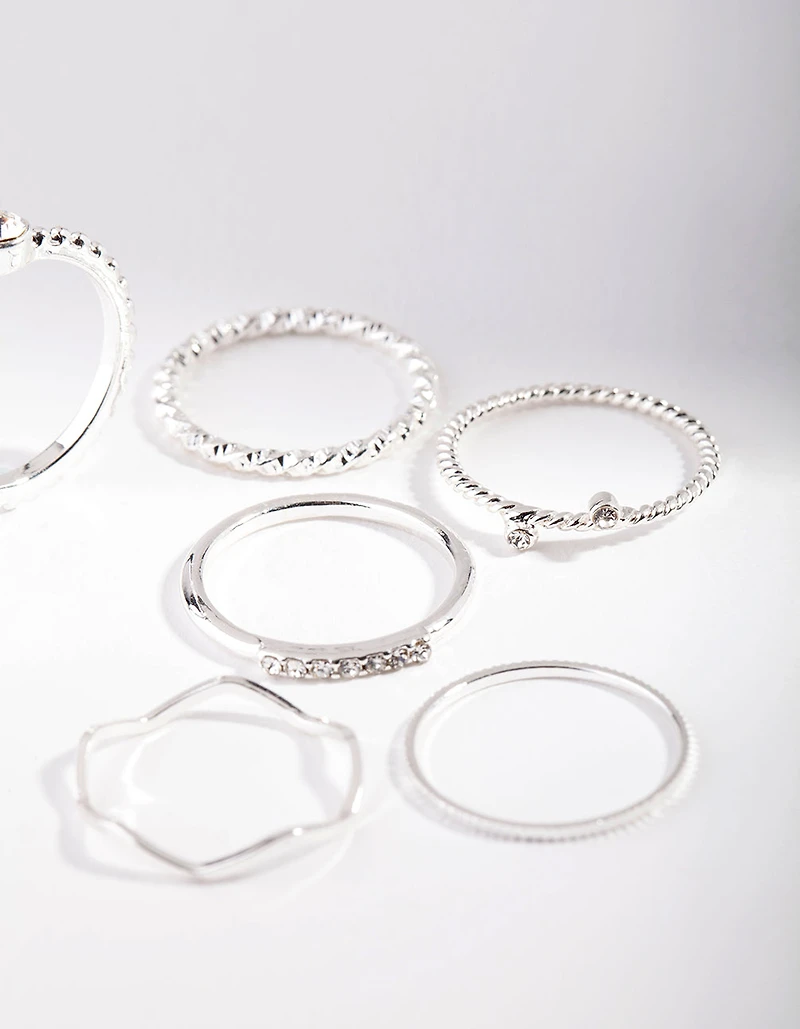 Silver Diamante Mixed Band Ring 6-Pack
