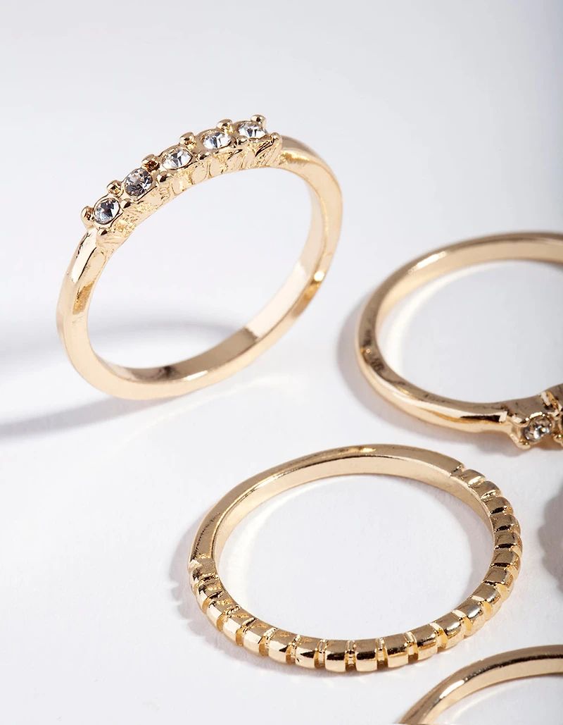Gold Diamante & Chain Ring 5-Pack