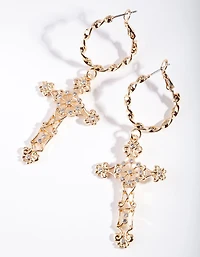 Gold Rope Hoop Filigree Cross Earrings