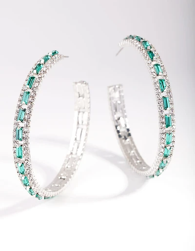 Silver Green Baguette Stone Centre Hoop Earrings