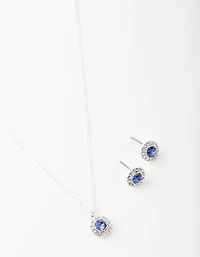 Silver Sapphire Diamante Circle Necklace & Earrings