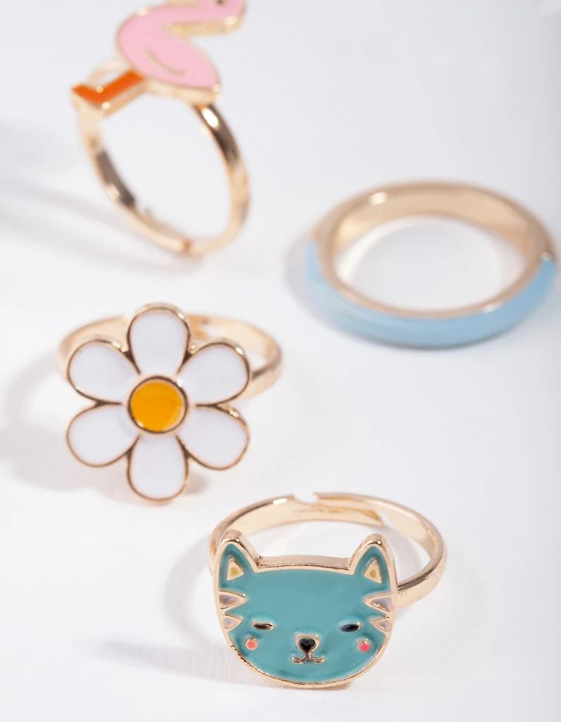 Kids Gold Cat & Flower Ring 6-Pack
