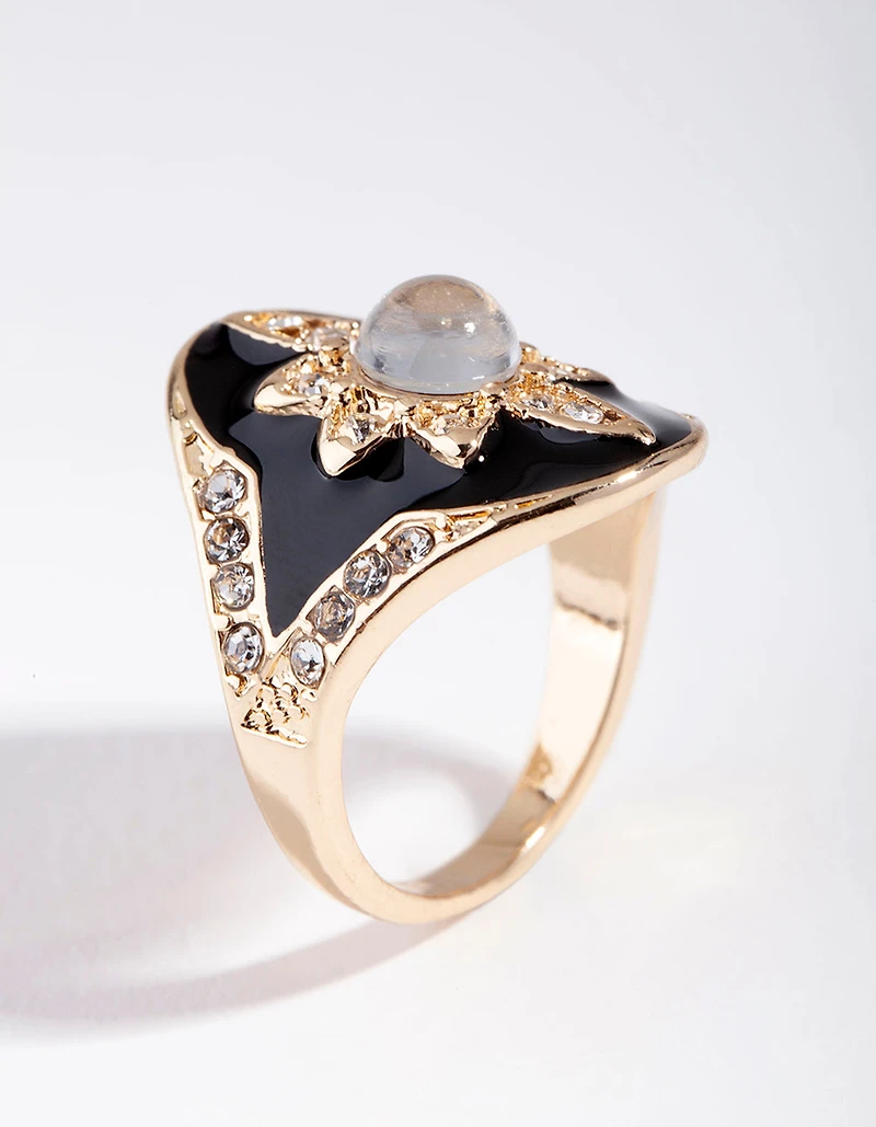 Gold Enamel Diamante Flower Ring