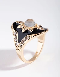 Gold Enamel Diamante Flower Ring