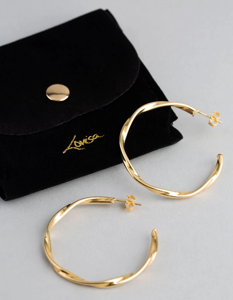Gold Plated Sterling Silver Medium Twist Open Hoop Earrings