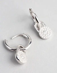 Sterling Silver Round Pave Disc Huggie Earrings