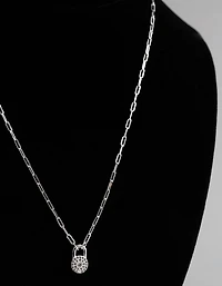 Sterling Silver Pave Padlock Oval Chain Necklace