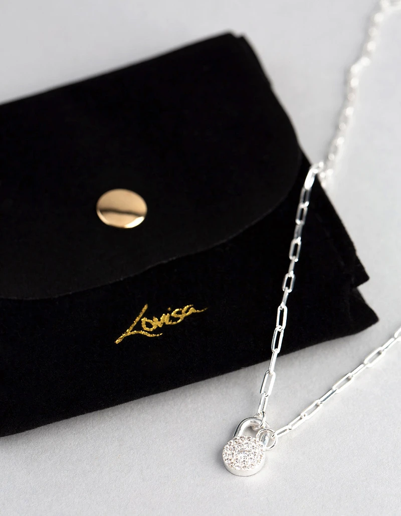 Sterling Silver Pave Padlock Oval Chain Necklace