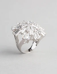 Silver Cubic Zirconia Statement Starbust Cocktail Ring