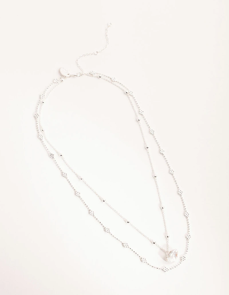 Silver Plated Mini Flower Ball & Pearl Drop Necklace