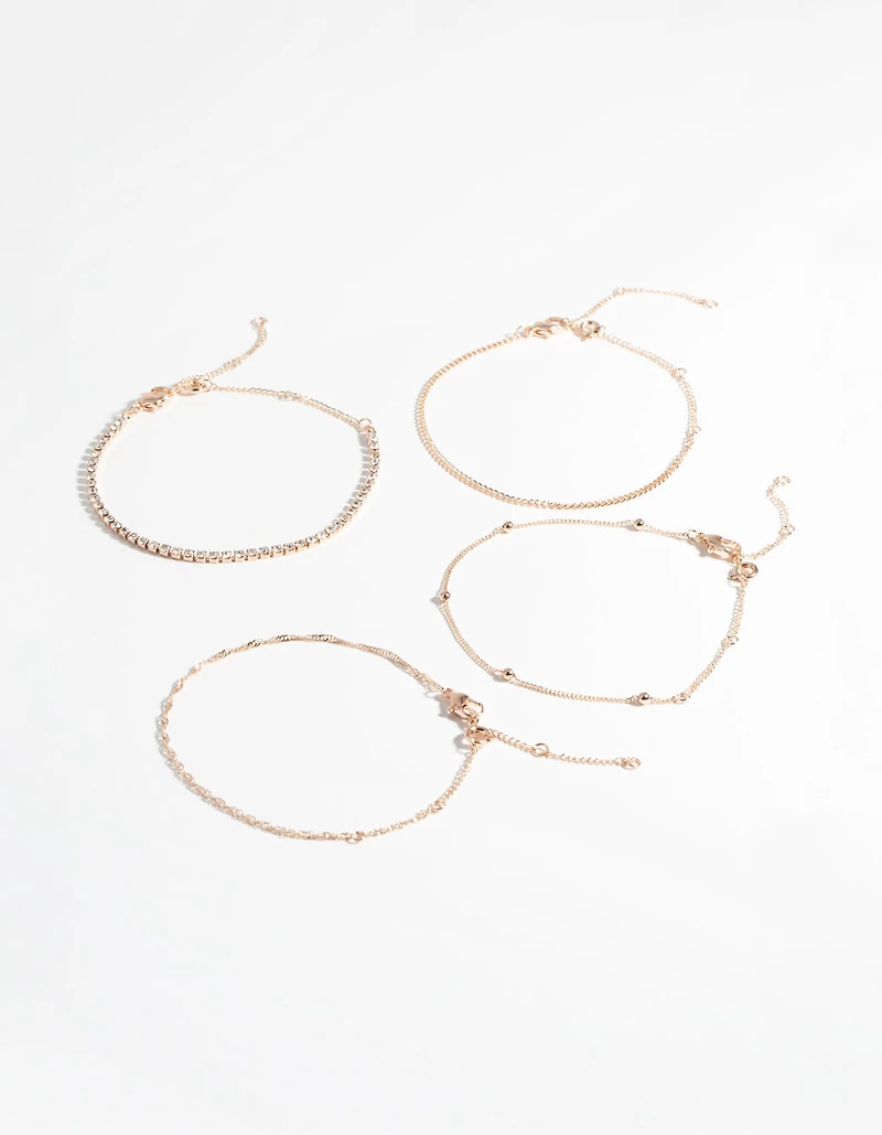 Rose Gold Diamante Twist Bracelet & Anklet 4-Pack Set