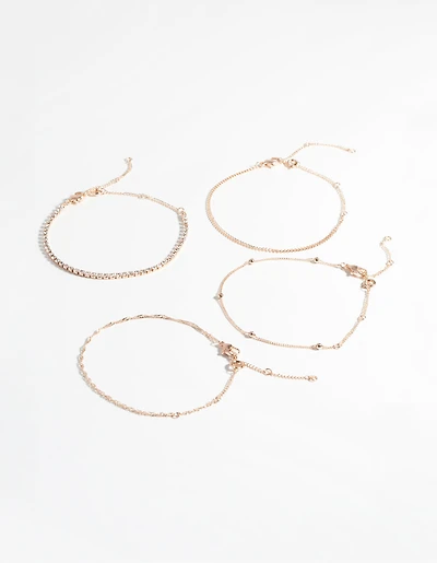 Rose Gold Diamante Twist Bracelet & Anklet 4-Pack Set