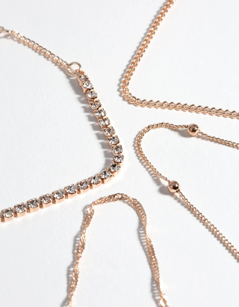 Rose Gold Diamante Twist Bracelet & Anklet 4-Pack Set