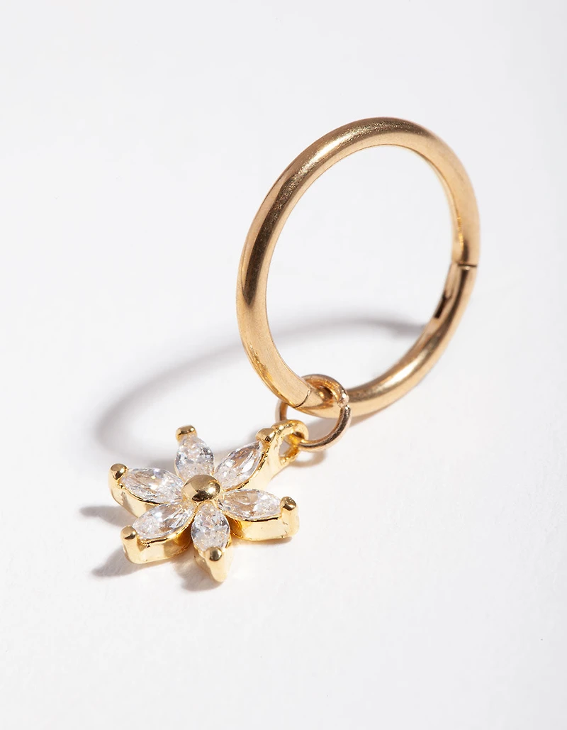 Gold Surgical Steel Cubic Zirconia Flower Belly Ring