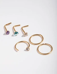 Surgical Steel Gold Diamante Nose 6-Pack