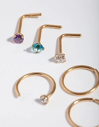 Surgical Steel Gold Diamante Nose 6-Pack