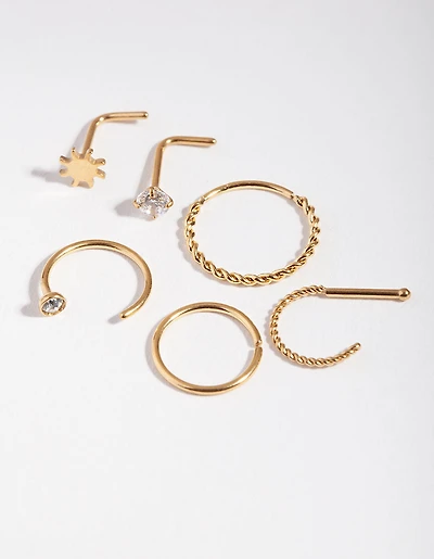 Surgical Steel Gold Sun Twist Diamante Nose Ring 6-Pack
