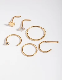 Surgical Steel Gold Sun Twist Diamante Nose Ring 6-Pack