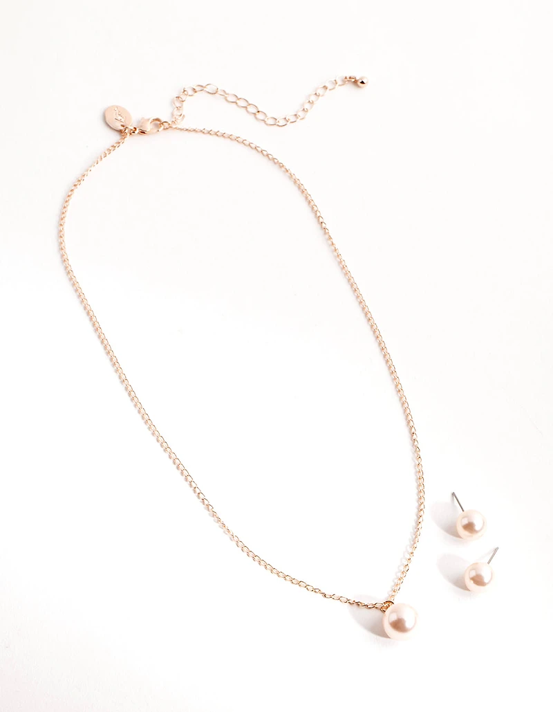 Rose Gold Pink Pearl Earring & Necklace Pack