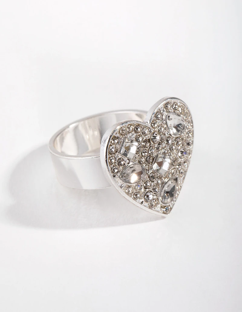 Silver Diamante Heart Sheild Ring