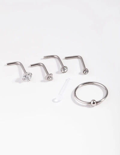 Silver Mixed Diamante Nose Stud 6-Pack