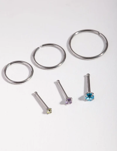 Surgical Steel Graduating Cubic Zirconia Nose Piercings 6-Pack