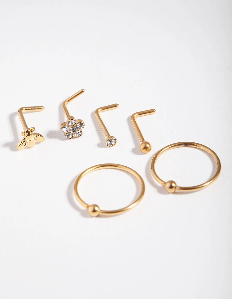 Gold Surgical Steel Flower & Bee Nose Stud 6-Pack