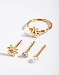 Surgical Steel Gold Flower Pearl Nose Stud 4-Pack