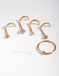 Gold Surgical Steel Diamante Nose 6-Pack