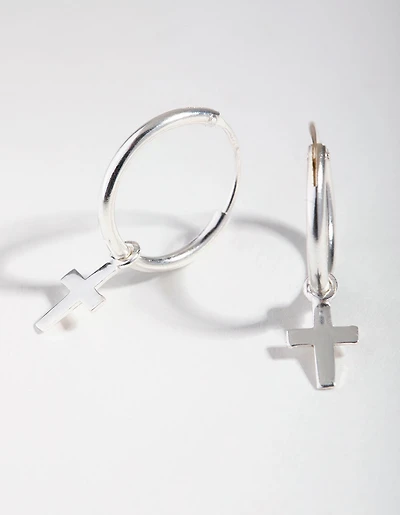 Silver Stud Mini Cross Hoop Earrings