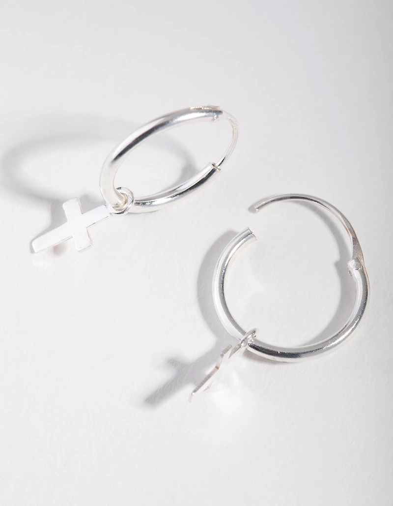 Silver Stud Mini Cross Hoop Earrings