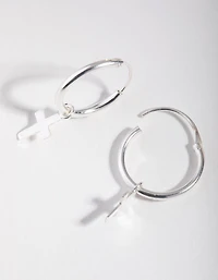Silver Stud Mini Cross Hoop Earrings
