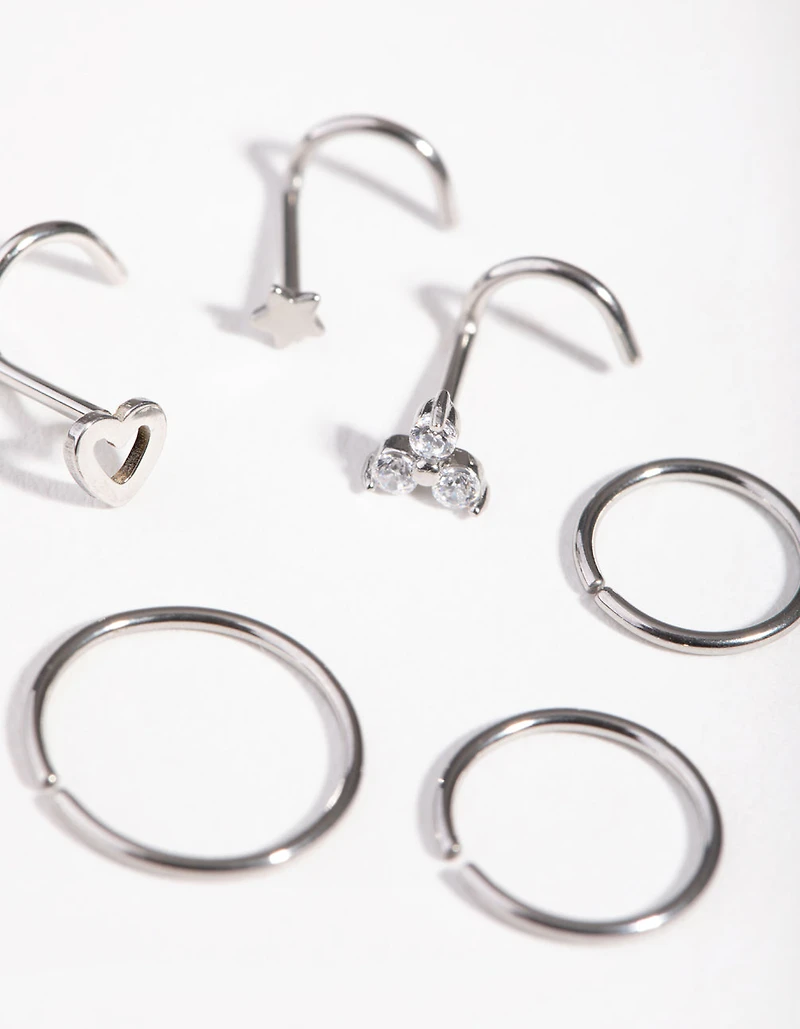 Surgical Steel Diamante Motif Nose Piercings 6-Pack