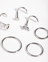 Surgical Steel Diamante Motif Nose Piercings 6-Pack