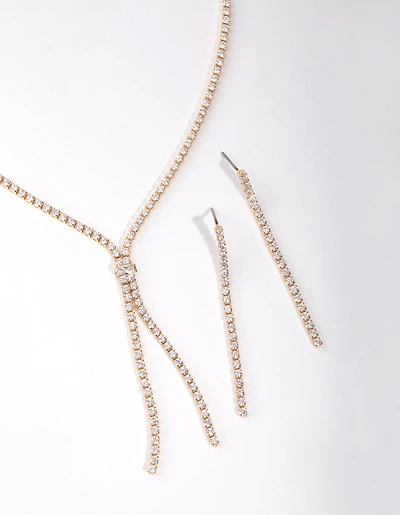 Gold Cubic Zirconia Cupchain Y-Neck Earrings & Necklace