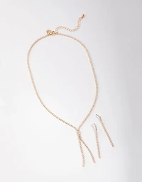 Gold Cubic Zirconia Cupchain Y-Neck Earrings & Necklace