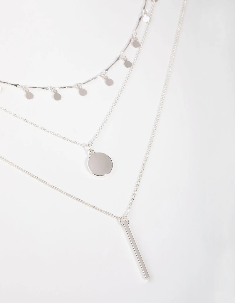 Silver Fine Drop & Bar 3-Row Necklace