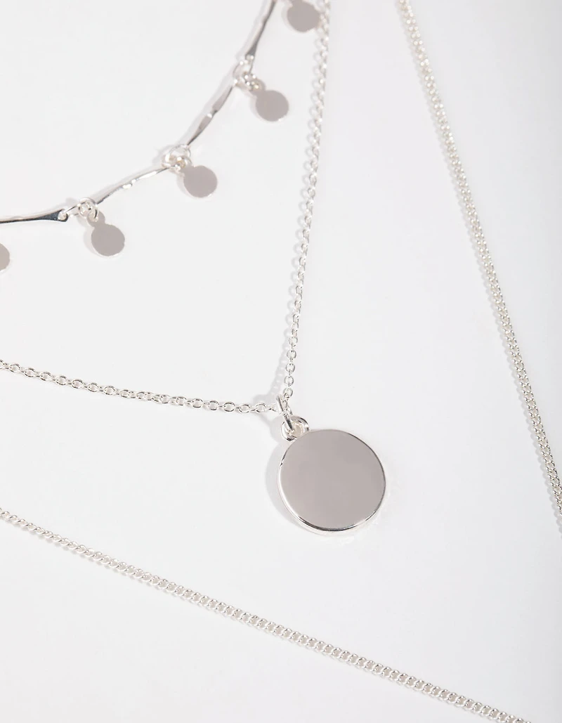 Silver Fine Drop & Bar 3-Row Necklace