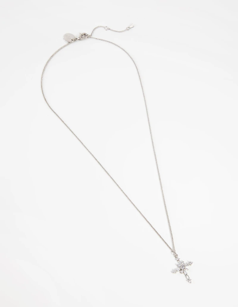 Silver Decorated Cross Pendant Necklace