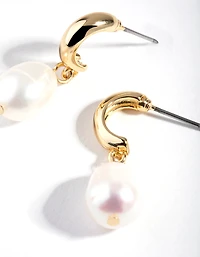 Gold Freshwater Pearl Drop Huggie Earrings