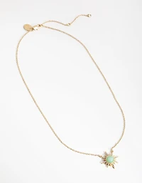 Gold Plated Diamante Semi Precious Jade Sun Necklace