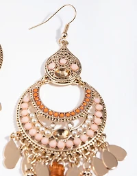 Gold Beaded Orange Tassel Chandbali Drop Earrings