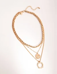 Gold Greek Key Disc Layered Necklace
