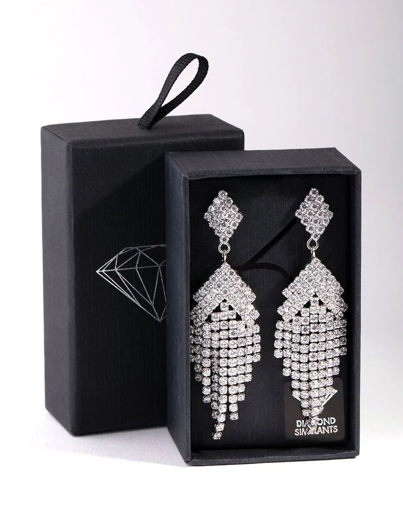 Silver Diamond Simulants Fringe Stud Earrings