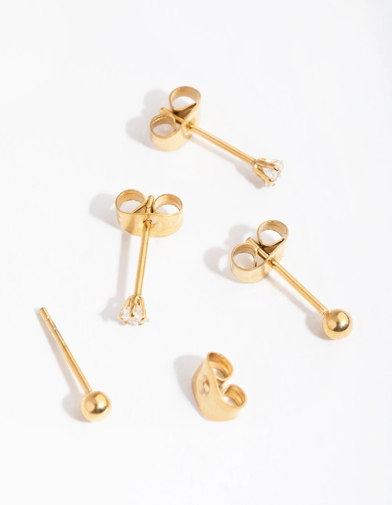 24 Carat Gold Plated Surgical Steel Star & Ball Pack Stud Earrings