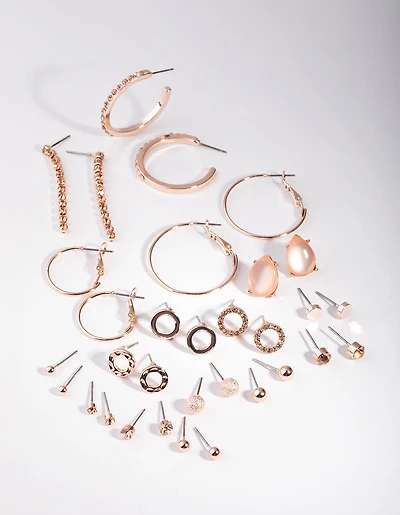 Rose Gold Cats Eye & Hoop 16-Pack Earring