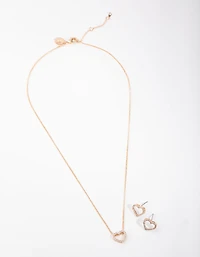 Gold Heart Diamond Simulants Necklace & Earrings